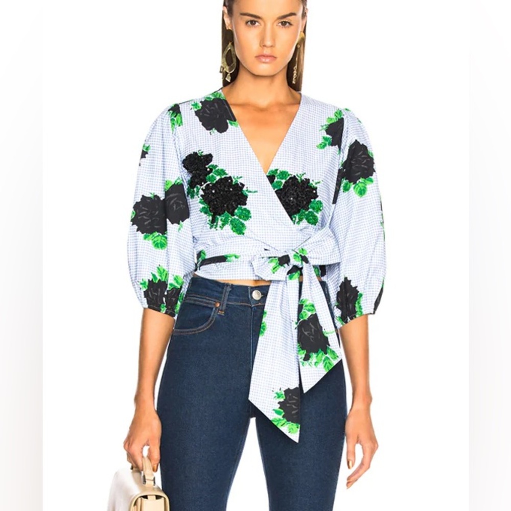 Ganni Black and Green Floral Wrap Blouse on Light Blue Gingham